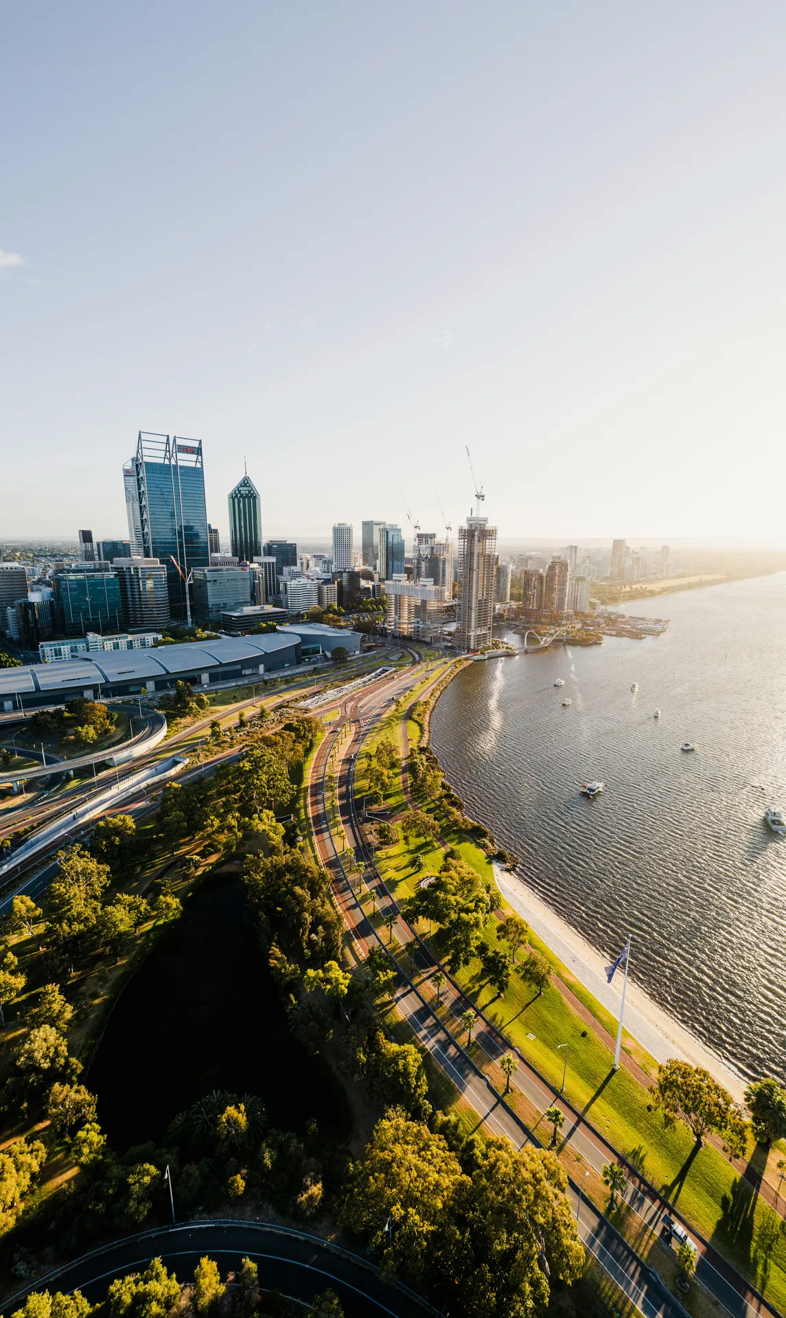 Aerial view of Perth city skyline along the Swan River