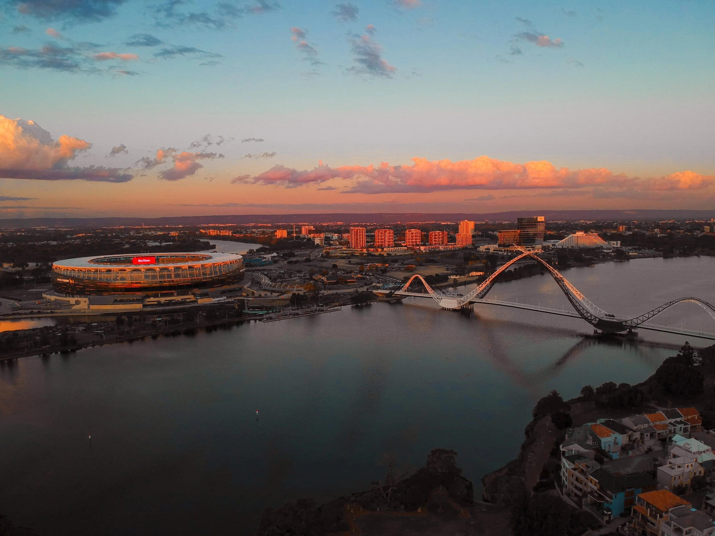 Aerial view of Perth cityscape at sunset